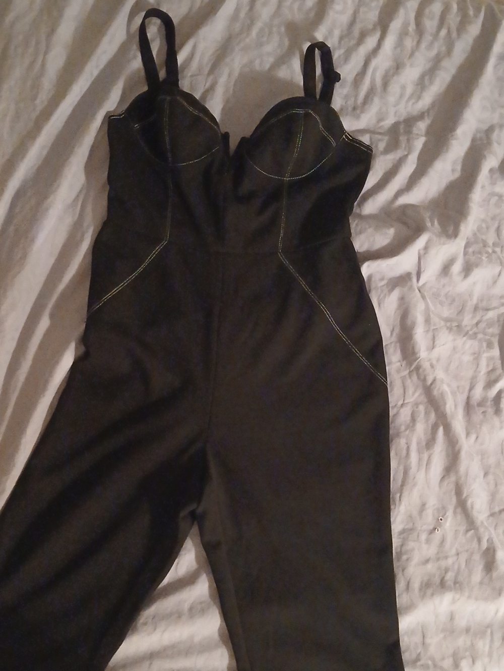 Lush Retro Modern Black Jumpsuit With White Trim Adjustable Straps Form Fitting